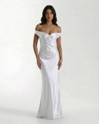 Elara Maxi Dress - White Satin Maxi Dress with Off Shoulder Silhouette by Lauven, perfect for modern occasions.