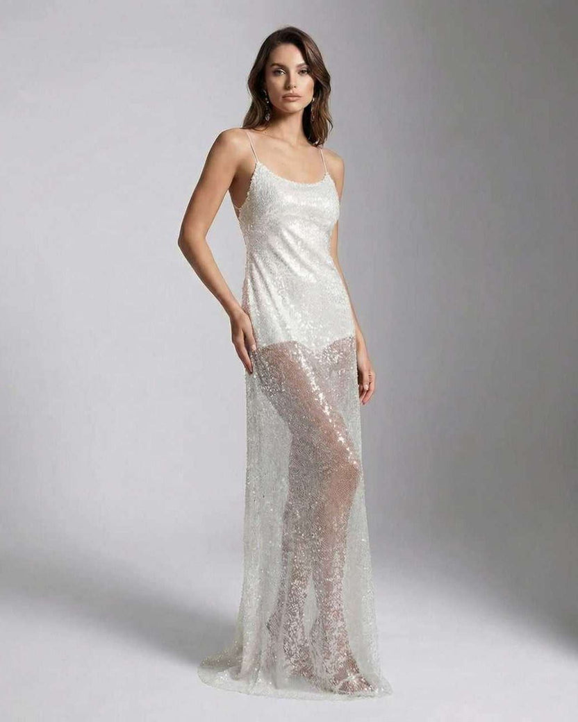 Elara Maxi Dress - White sequin dress with strappy back, sheer overlay and elegant shine by Lauven.