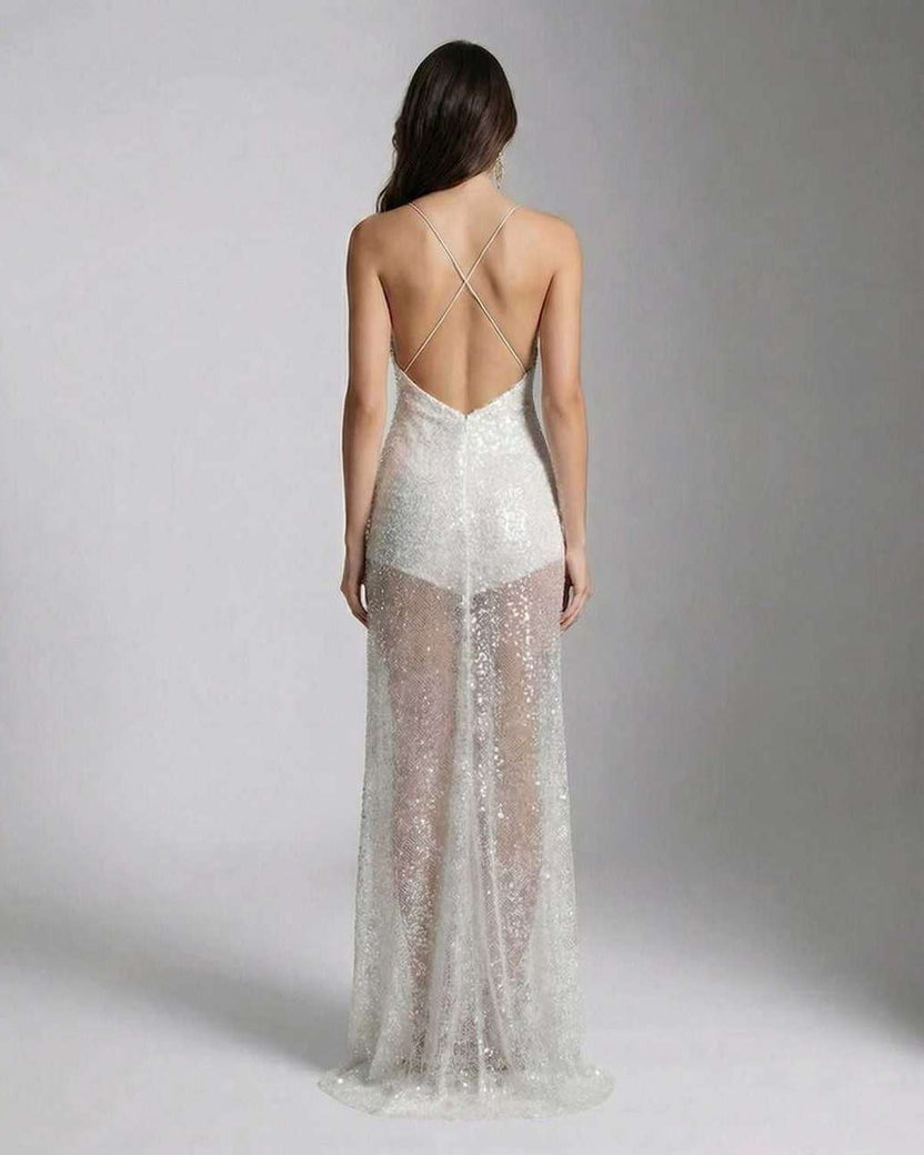Elara Maxi Dress - White sequin maxi dress with strappy back and sheer overlay for a luminous look by Lauven.