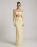 Elara Maxi Dress - Yellow Maxi Dress with Off-Shoulder Mesh Sleeves and Ruched Cut-Out Detail, by Lauven.
