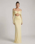 Elara Maxi Dress - Yellow Maxi Dress with Off-Shoulder Mesh Sleeves and Ruched Cut-Out Detail, by Lauven.