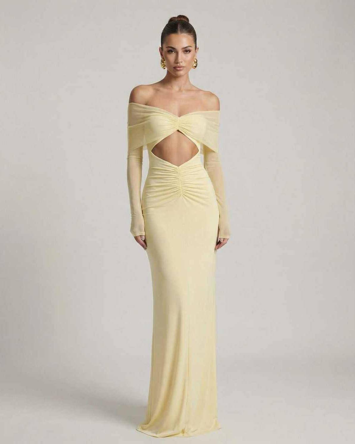 Elara Maxi Dress - Yellow Maxi Dress with Off-Shoulder Mesh Sleeves and Ruched Cut-Out Detail, by Lauven.