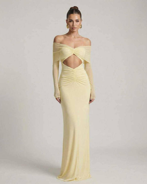 Elara Maxi Dress - Yellow Maxi Dress with Off-Shoulder Mesh Sleeves and Ruched Cut-Out Detail, by Lauven.