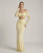 Elara Maxi Dress showcasing off-shoulder mesh sleeves, ruched cut-out detail, and elegant yellow design by Lauven.