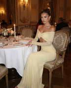 Elara Maxi Dress - Yellow Maxi Dress with Off-Shoulder Mesh Sleeves, Ruched Cut-Out Detail, elegant and chic by Lauven.