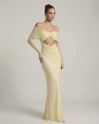Elara Maxi Dress in yellow with off-shoulder mesh sleeves and ruched cut-out detail from Lauven, perfect for elegant occasions.
