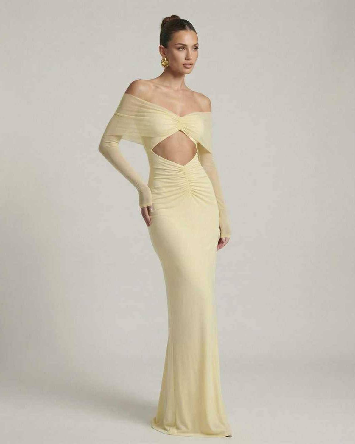 Elara Maxi Dress in yellow with off-shoulder mesh sleeves and ruched cut-out detail from Lauven, perfect for elegant occasions.