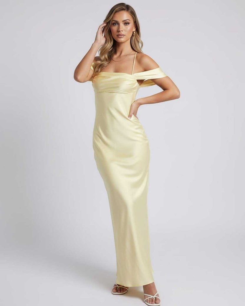 Elara Maxi Dress in yellow featuring off-the-shoulder slip silhouette by Lauven, designed for a polished look.