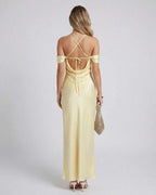 Elara Maxi Dress back view showcasing off-the-shoulder design, satin finish and elegant silhouette by Lauven.