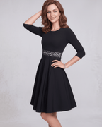 Elara Midi Dress – Black A-Line Midi Dress with Lace Waist Detail by Lauven, stylish and elegant.