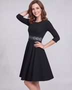 Elara Midi Dress featuring lace waist detail, A-line silhouette, and long sleeves by Lauven, exuding timeless elegance.