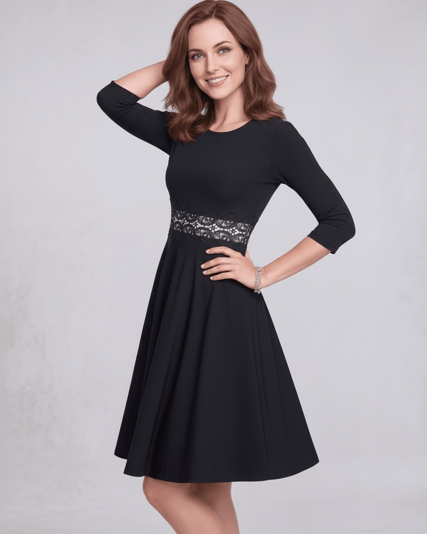 Elara Midi Dress featuring lace waist detail, A-line silhouette, and long sleeves by Lauven, exuding timeless elegance.