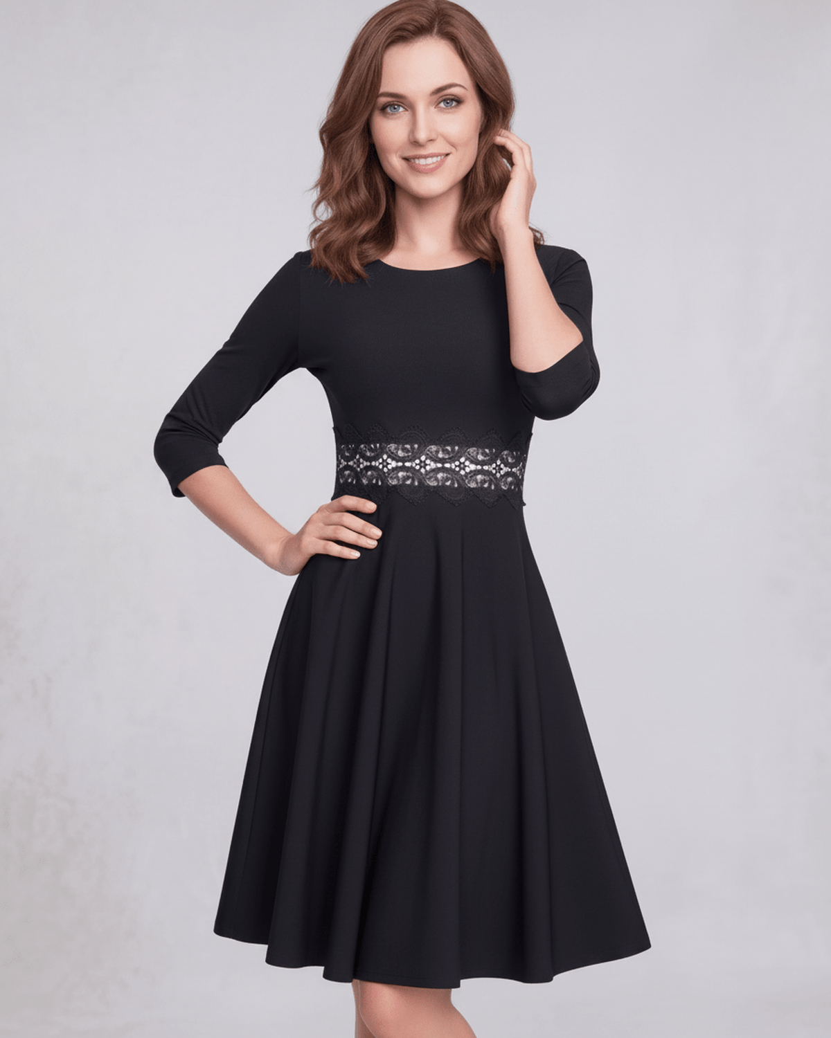 Elara Midi Dress - Black midi dress with A-line silhouette and lace waist detail, from Lauven brand, exuding timeless elegance.