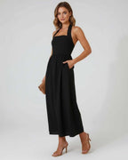 Elegant Elara Midi Dress with halter neckline and flowy A-line skirt by Lauven, perfect for all-day comfort.