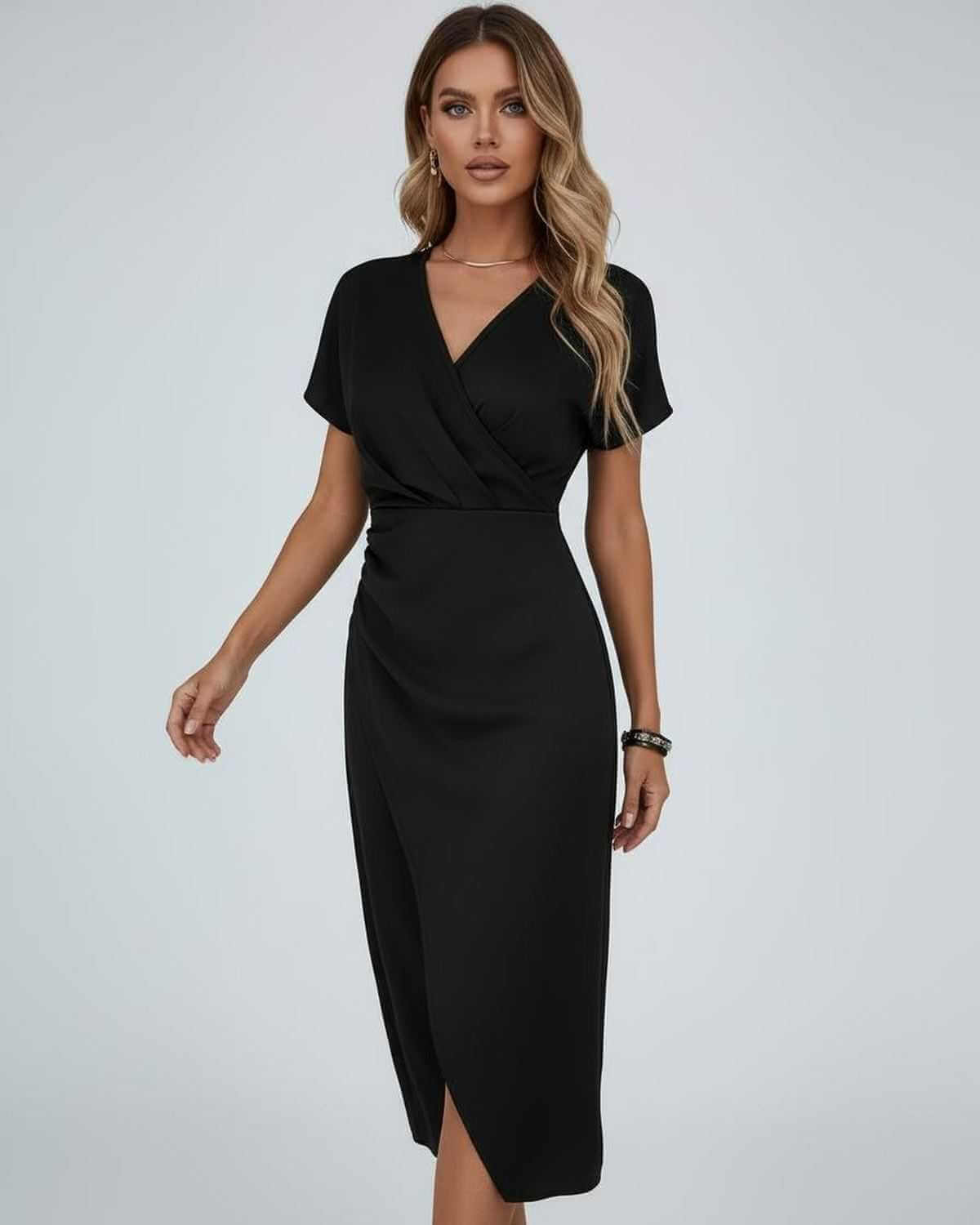 Elara Midi Dress by Lauven - Elegant black wrap dress with modern feminine silhouette.