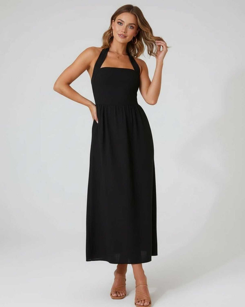 Elara Midi Dress - Elegant black halter midi dress with A-line silhouette by Lauven, perfect for all-day comfort and style.