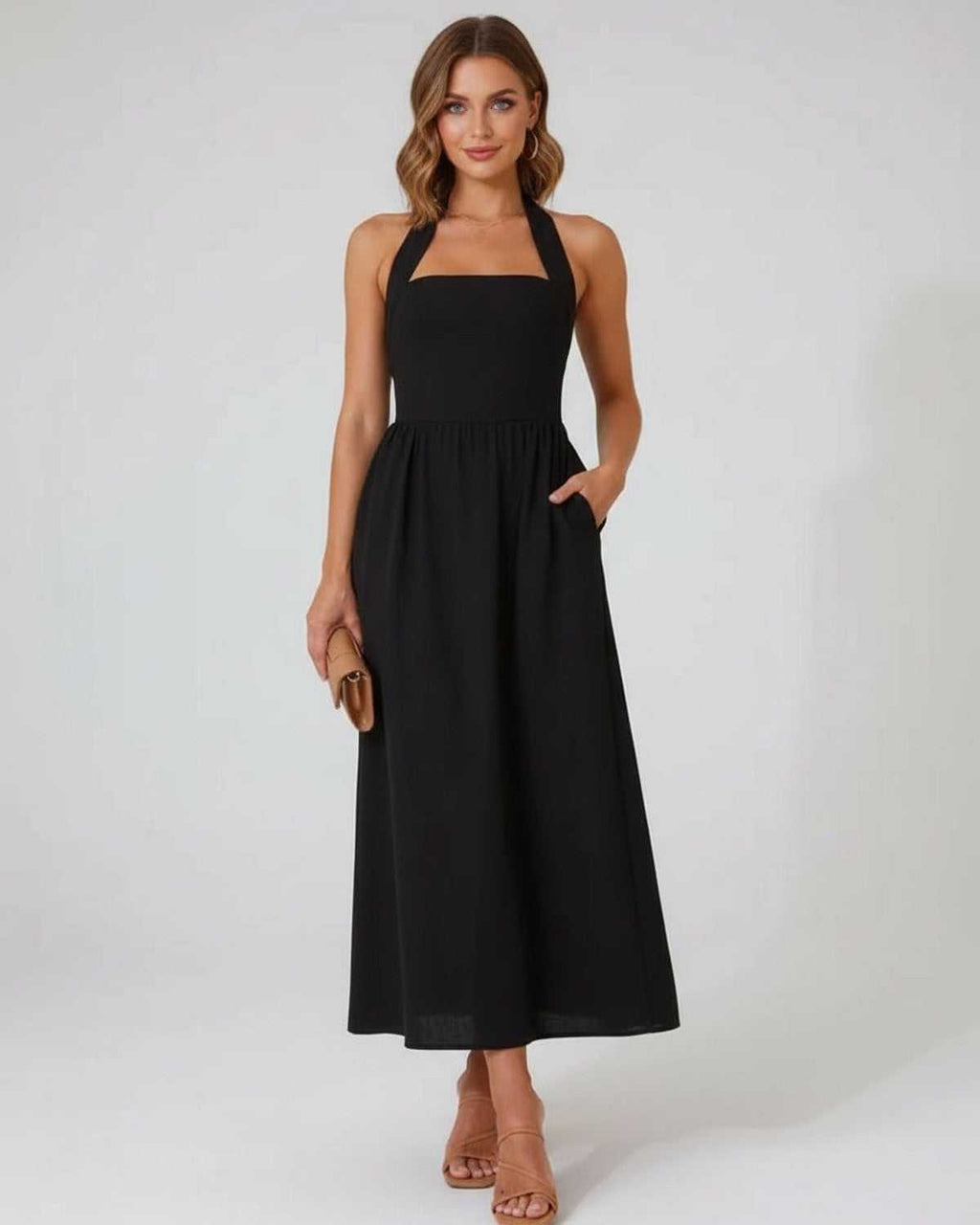 Elara Midi Dress, elegant black halter neckline, flowy A-line silhouette, Lauven brand, breathable comfort