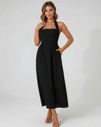 Elara Midi Dress - Elegant black halter midi dress with A-line silhouette by Lauven, perfect for timeless elegance.
