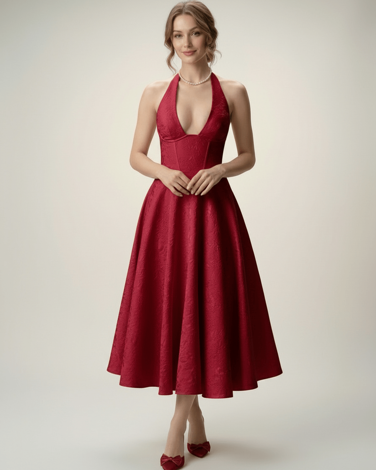 Elara Midi Dress by Lauven, elegant midi dress with halter neckline, A-line skirt, and sophisticated sculpted bodice.