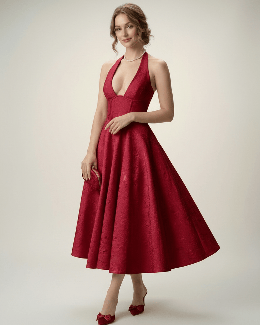 Elara Midi Dress by Lauven – elegant midi dress with halter neckline, A-line silhouette, and structured fit for effortless sophistication.