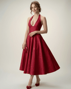 Elara Midi Dress by Lauven – elegant midi dress with halter neckline, A-line silhouette, and structured fit for effortless sophistication.