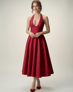 Elara Midi Dress - elegant midi dress with halter neckline, sculpted bodice, and voluminous A-line skirt by Lauven.