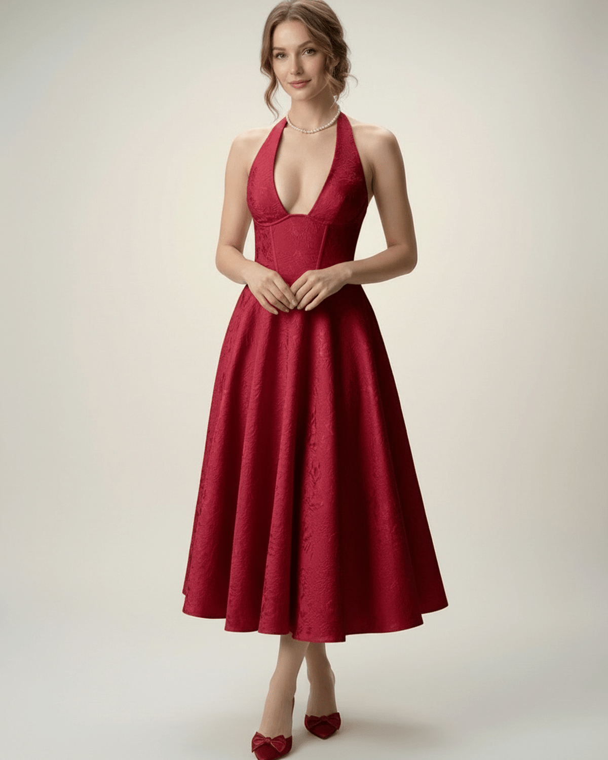 Elara Midi Dress - elegant midi dress with halter neckline, sculpted bodice, and voluminous A-line skirt by Lauven.