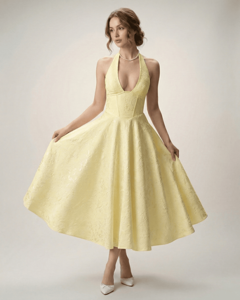 Elara Midi Dress - Elegant midi dress with halter neckline, structured fit, A-line silhouette, by Lauven, for timeless sophistication.
