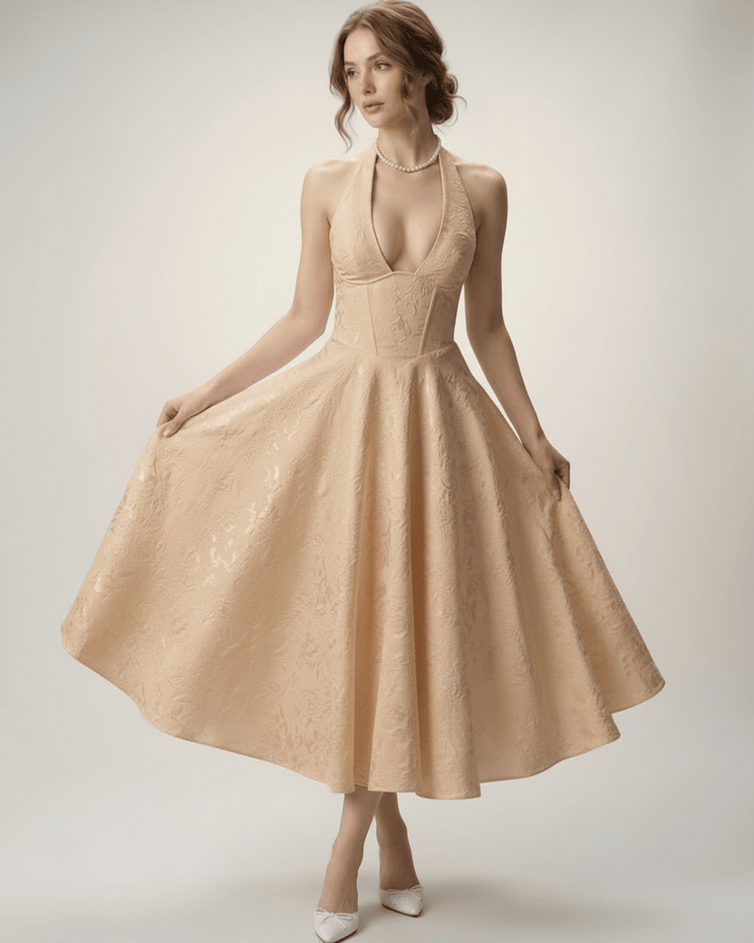 Elara Midi Dress by Lauven, elegant halter A-line silhouette that flatters with a sculpted bodice and voluminous skirt.
