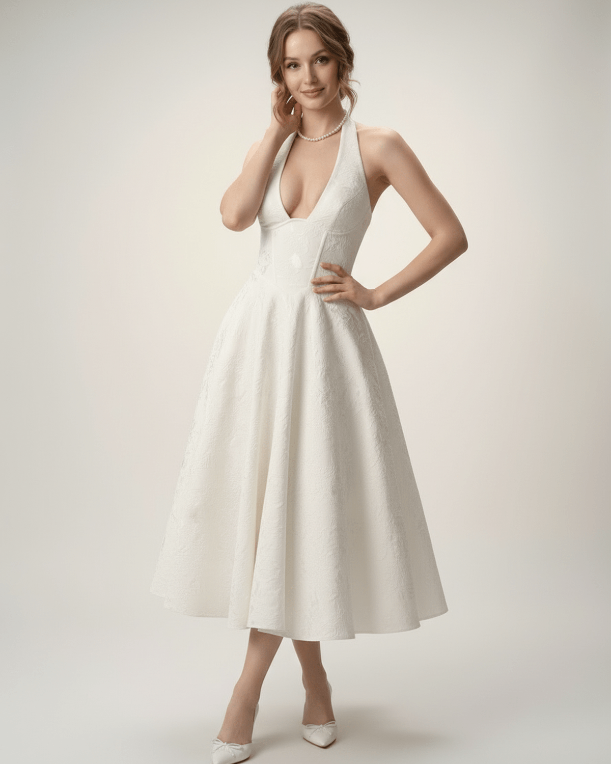 Elara Midi Dress - Elegant midi dress with halter neckline, structured fit, A-line silhouette by Lauven for sophisticated occasions.