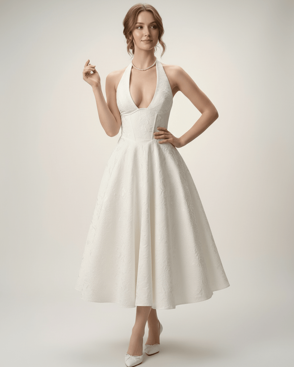 Elara Midi Dress by Lauven, elegant midi dress with halter neckline and flattering A-line silhouette.