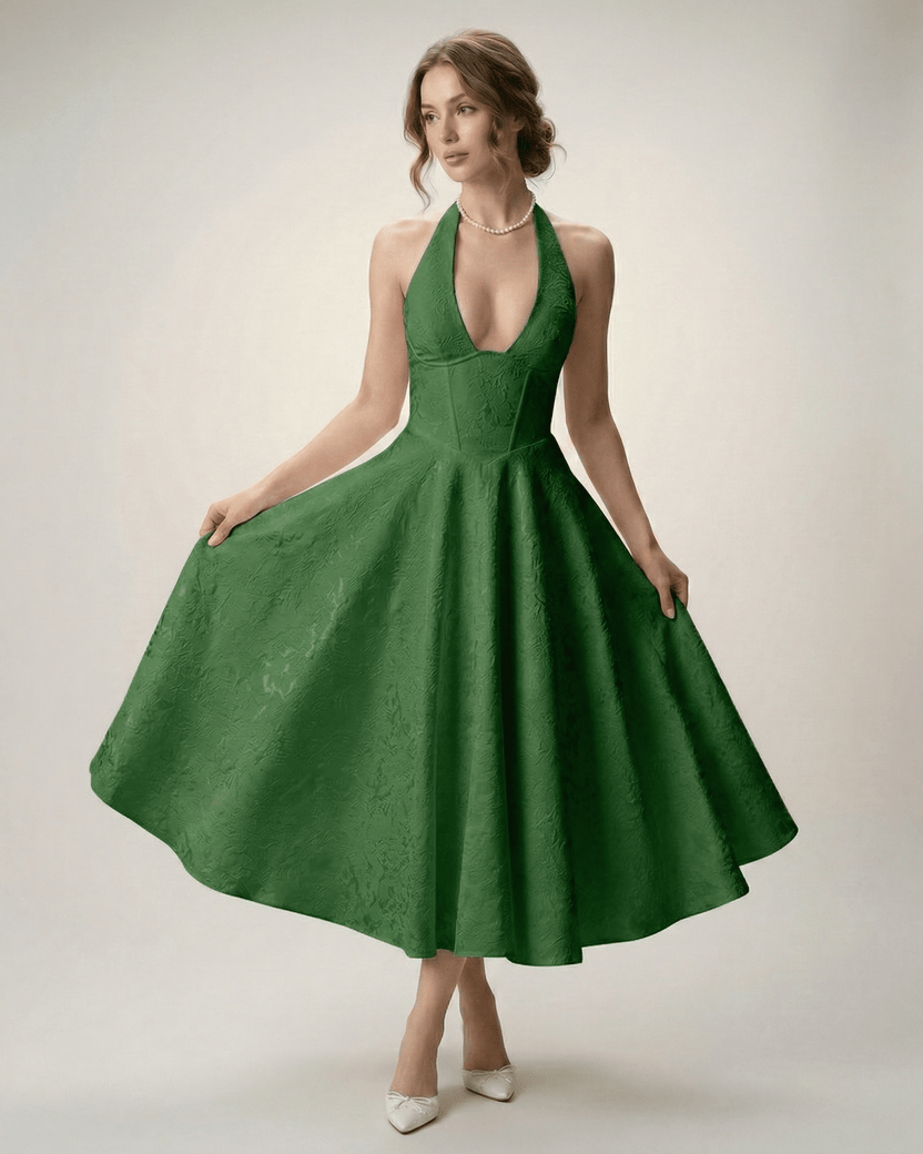 Elara Midi Dress in green, elegant halter A-line silhouette, structured fit, perfect for sophisticated occasions by Lauven.