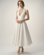 Elara Midi Dress – Elegant midi dress featuring a halter neckline and A-line silhouette by Lauven, perfect for timeless sophistication.