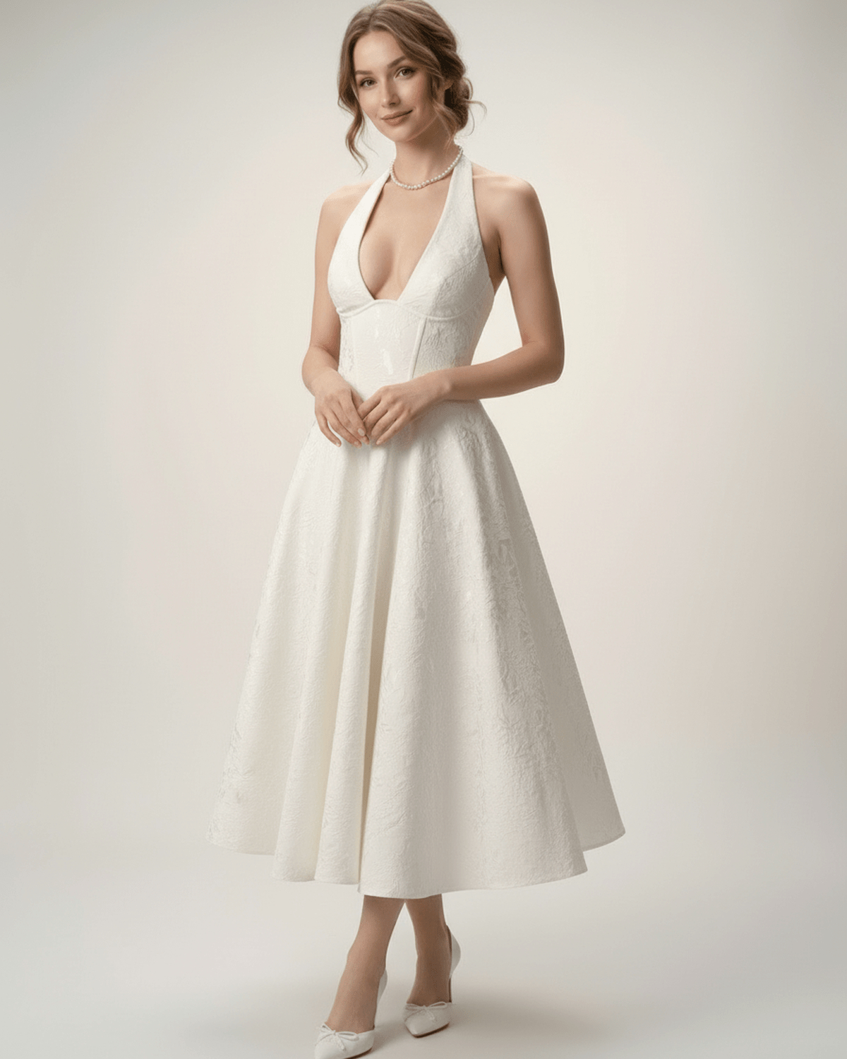 Elara Midi Dress – Elegant midi dress featuring a halter neckline and A-line silhouette by Lauven, perfect for timeless sophistication.