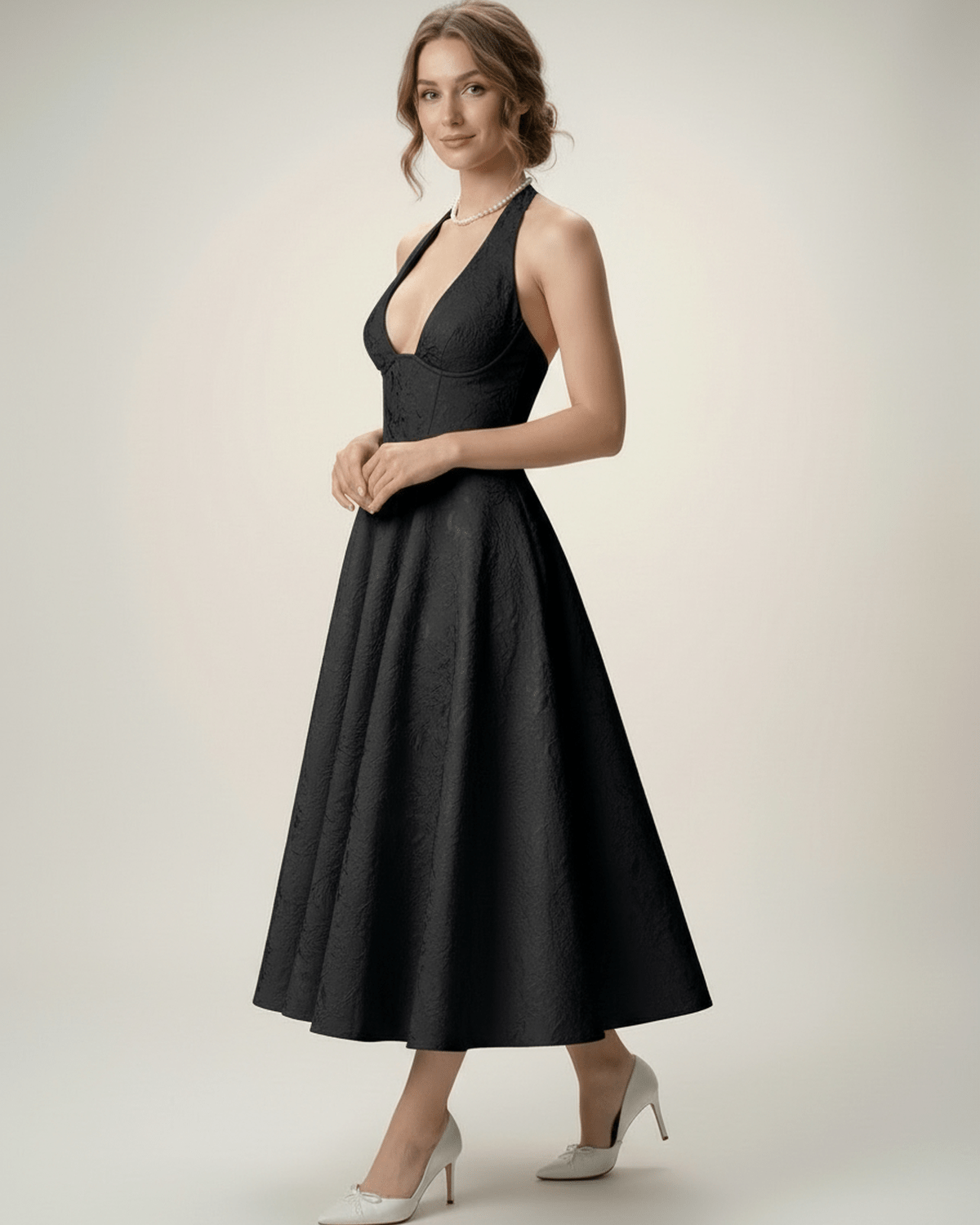 Elara Midi Dress by Lauven – Elegant midi dress with halter neckline, A-line silhouette, creating a sophisticated look.