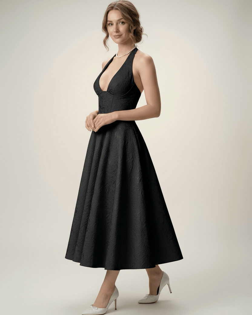 Elara Midi Dress by Lauven – Elegant midi dress with halter neckline, A-line silhouette, creating a sophisticated look.