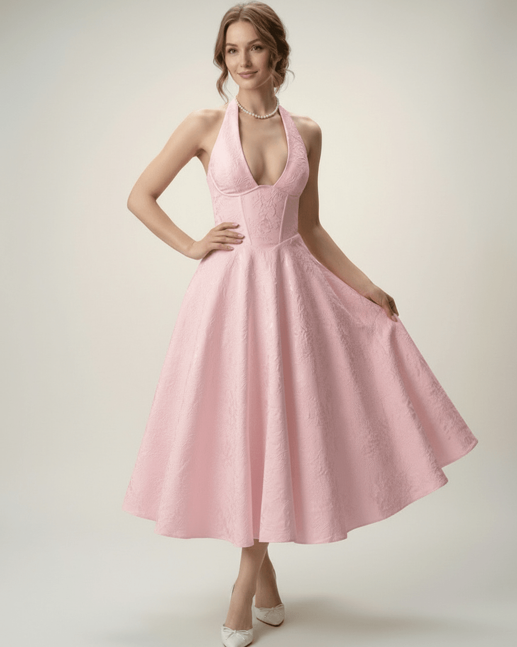 Elara Midi Dress - Elegant halter A-line silhouette in pink, structured fit for sophisticated occasions - Lauven.