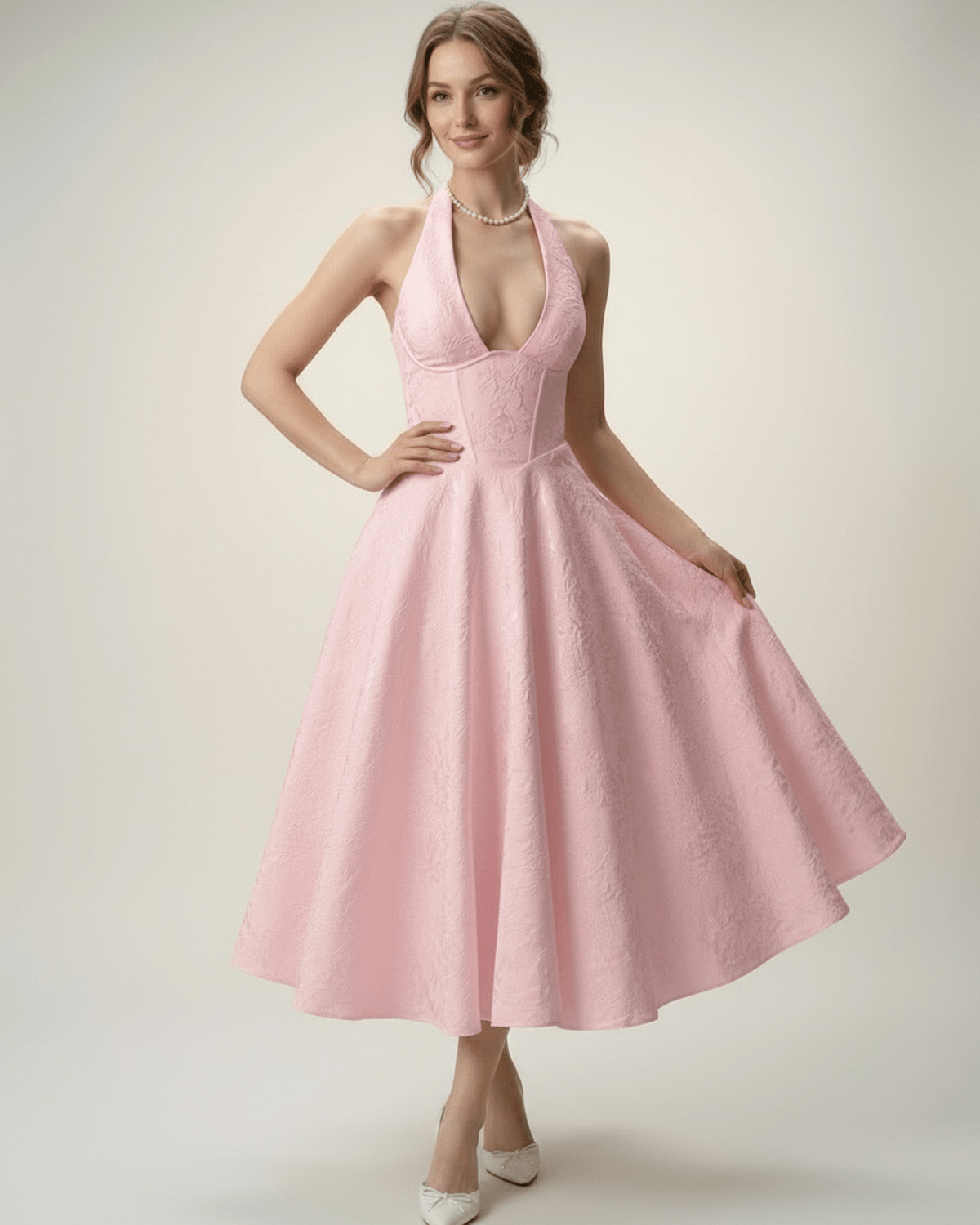 Elara Midi Dress - Elegant halter A-line silhouette in pink, structured fit for sophisticated occasions - Lauven.