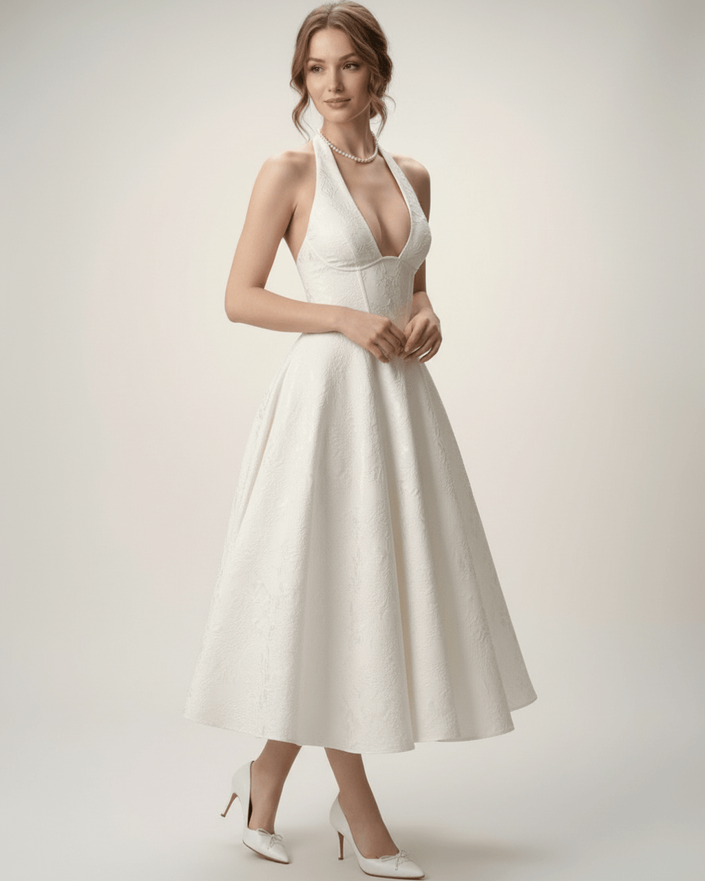 Elara Midi Dress by Lauven - elegant midi dress with halter neckline and A-line silhouette for effortless sophistication.