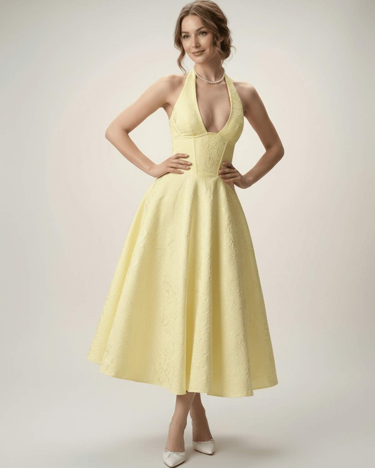Elara Midi Dress in elegant yellow, featuring a halter A-line silhouette with structured fit by Lauven.