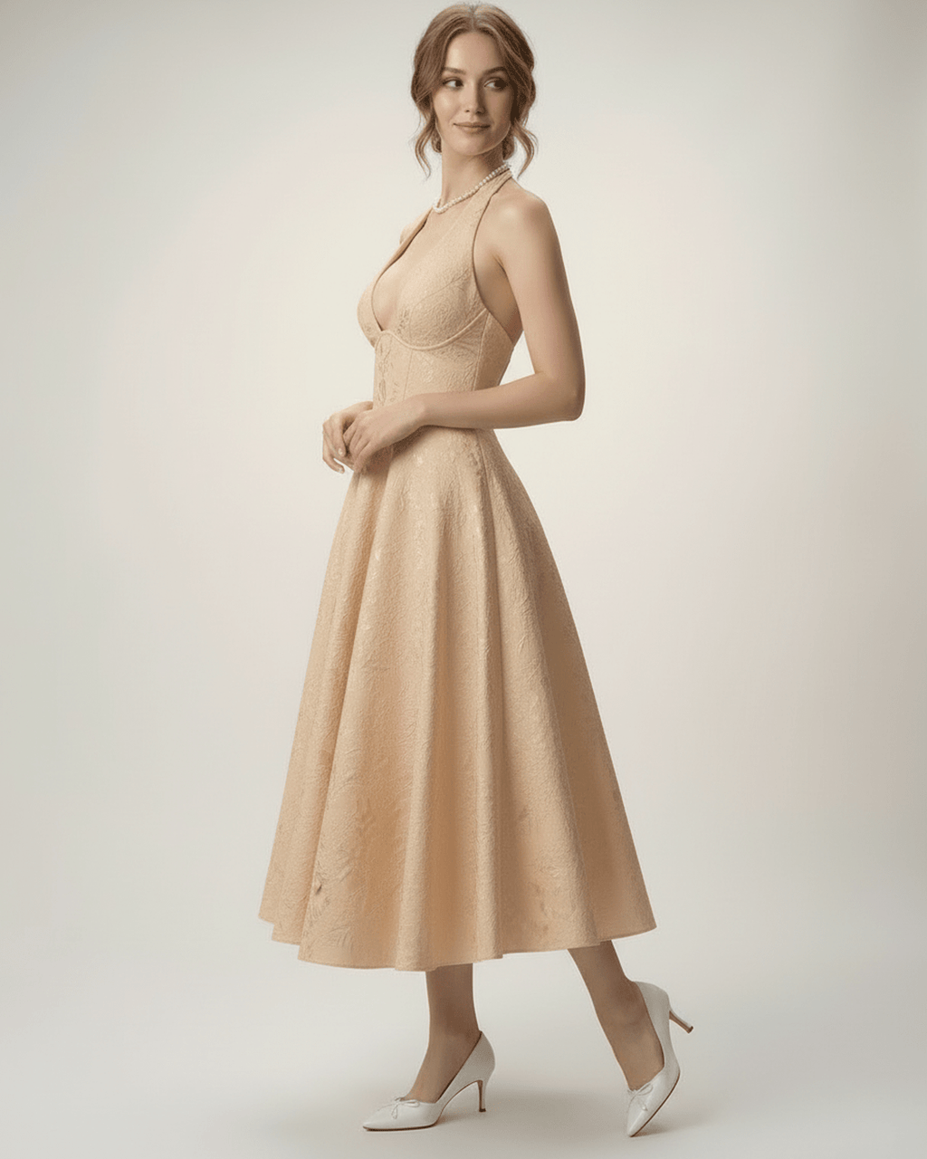 Women’s Elara Midi Dress by Lauven, featuring elegant halter A-line silhouette and structured fit for timeless sophistication.