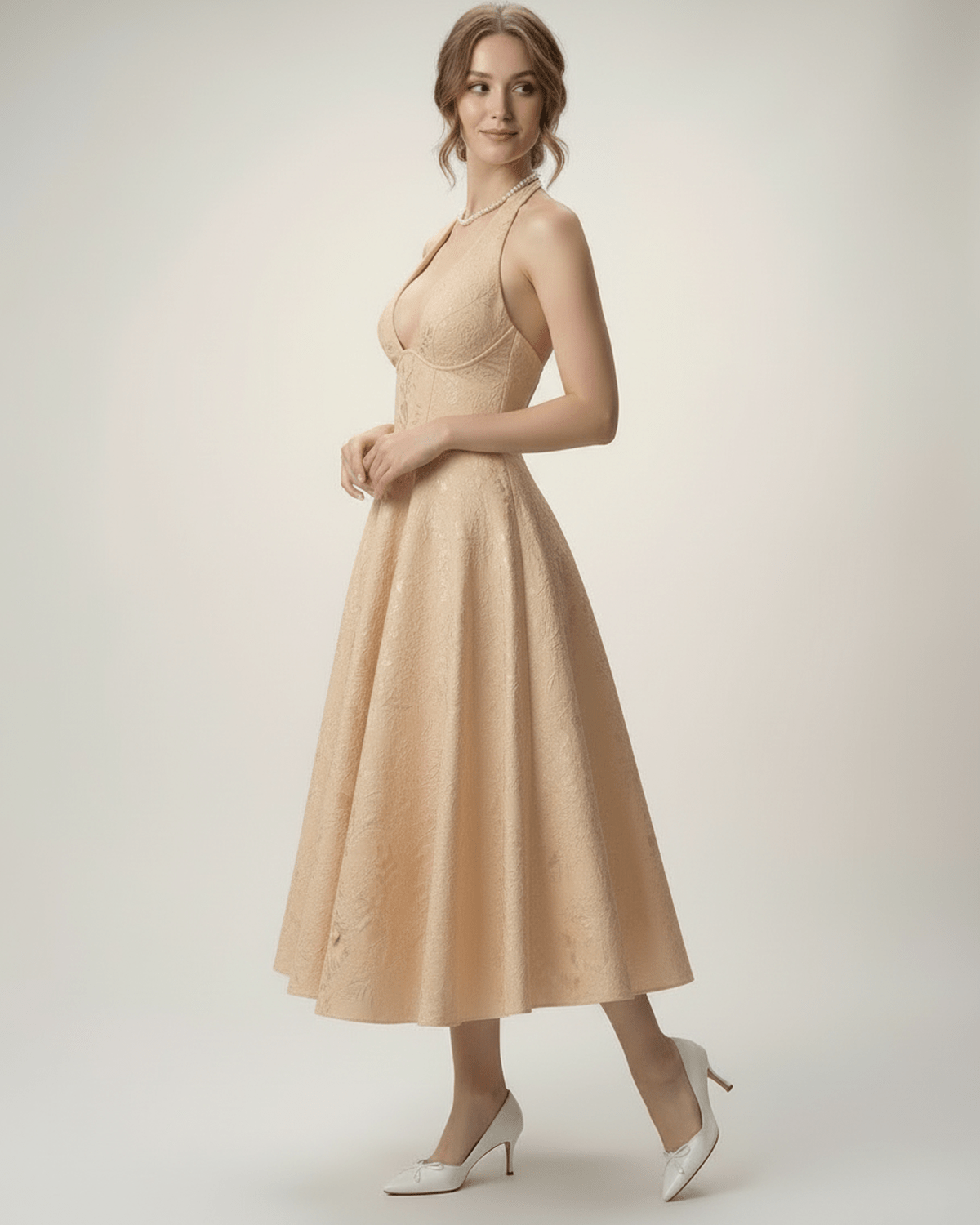 Women’s Elara Midi Dress by Lauven, featuring elegant halter A-line silhouette and structured fit for timeless sophistication.