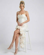 Elara Midi Dress by Lauven - Elegant satin A-line dress with asymmetric ruffle hem, perfect for timeless occasions.