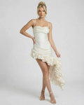 Elara Midi Dress by Lauven – Elegant satin A-line dress with asymmetric ruffle hem.