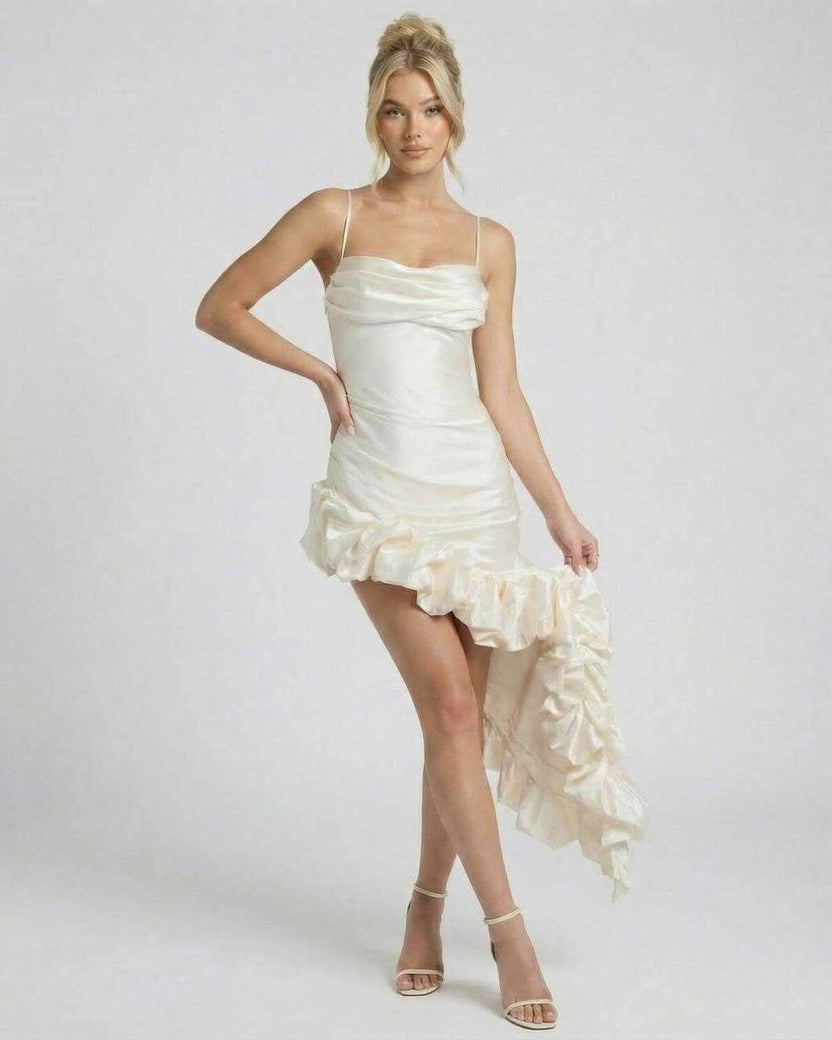 Elara Midi Dress by Lauven – Elegant satin A-line dress with asymmetric ruffle hem.