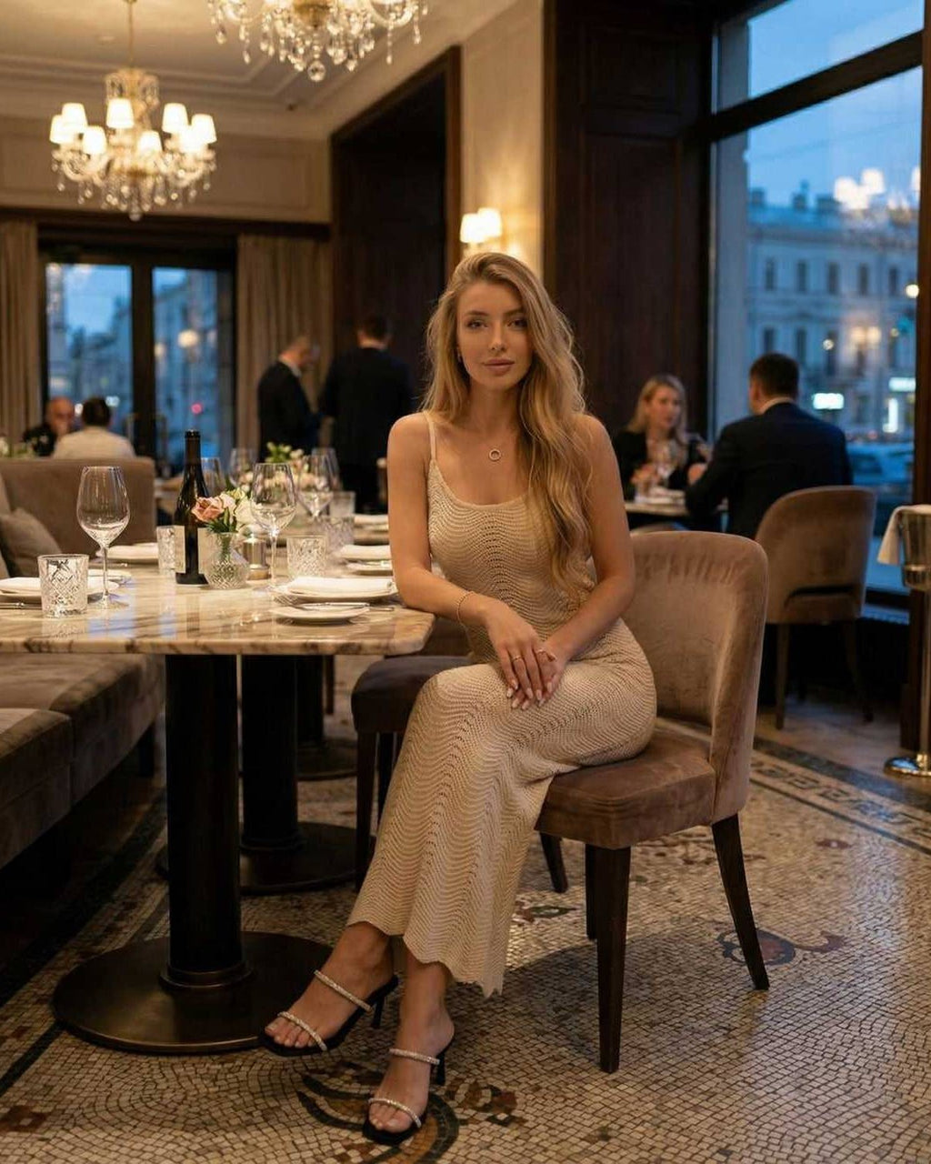 Elara Midi Dress worn elegantly in a chic restaurant setting, showcasing a polished sleeveless silhouette.