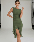 Elara Midi Dress - Elegant green ruched midi dress with ruffle hem, showcasing sleeveless fit by Lauven.