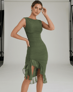 Elara Midi Dress - Green ruched dress with ruffle hem, sleeveless fit by Lauven, elegant and flattering design.