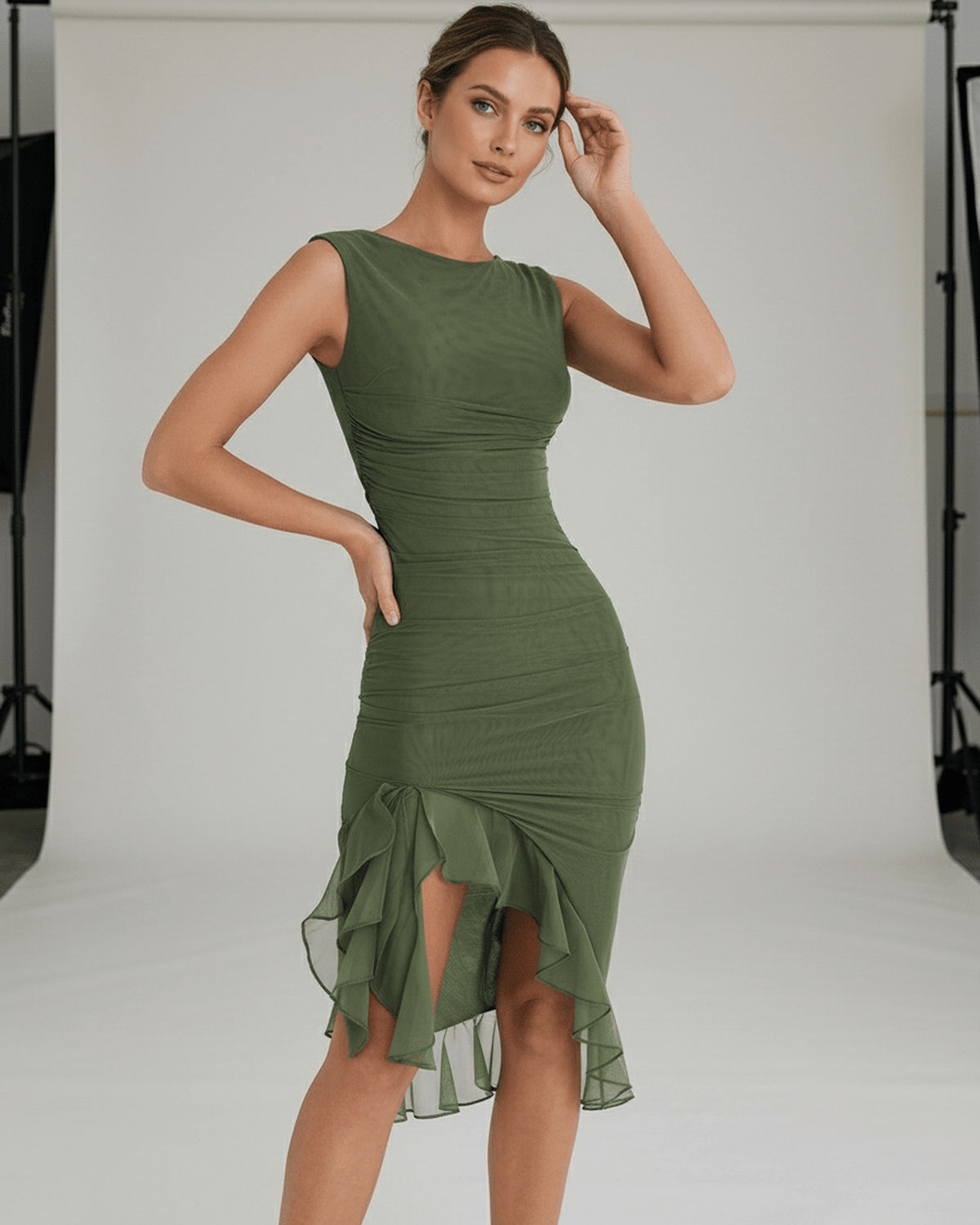 Elara Midi Dress - Green ruched dress with ruffle hem, sleeveless fit by Lauven, elegant and flattering design.