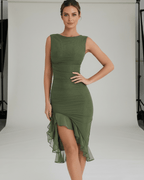 Elara Midi Dress - Green ruched midi dress with ruffle hem and sleeveless fit by Lauven, perfect for elegant occasions.